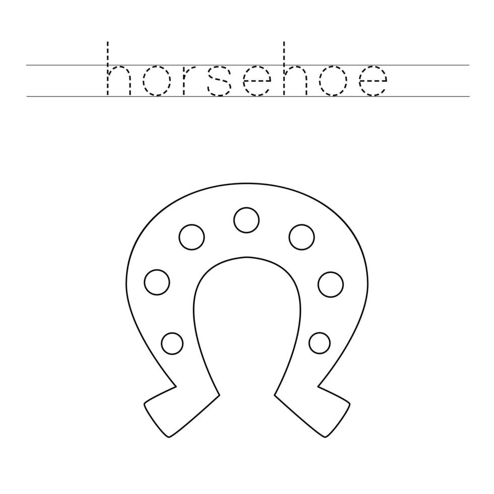 Trace the letters and color horseshoe. Handwriting practice for kids. vector