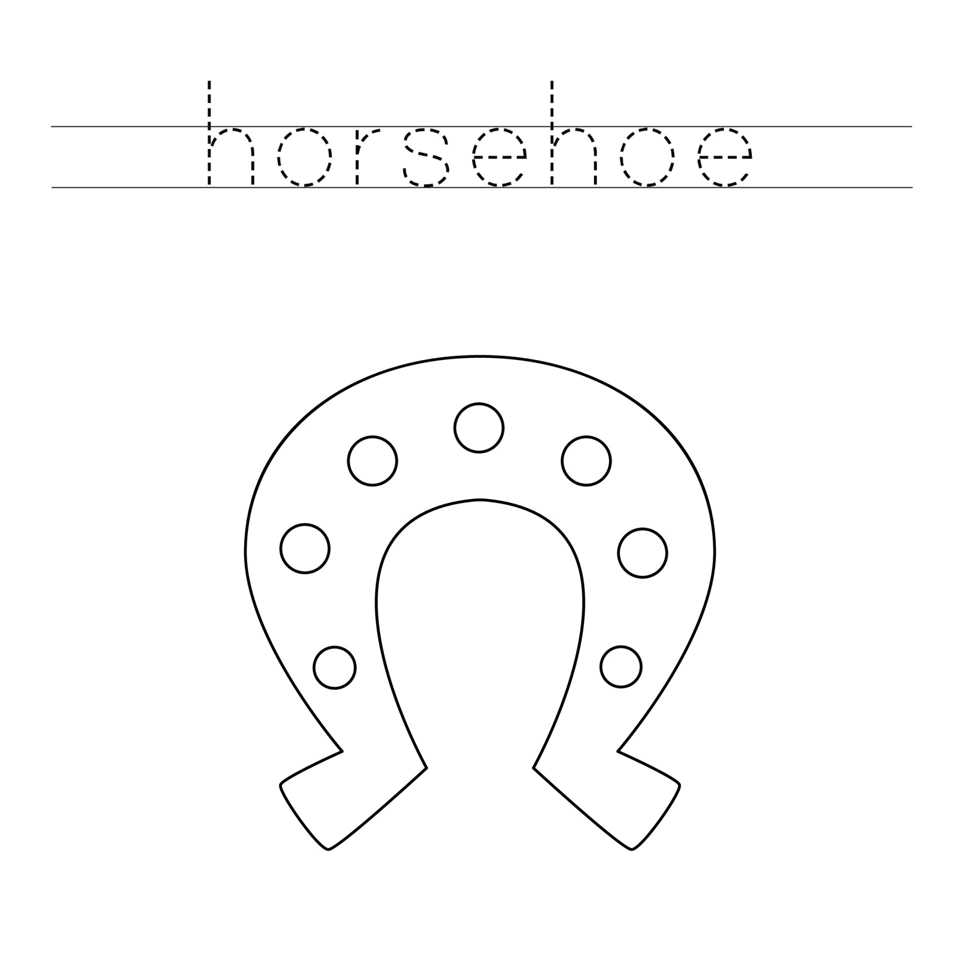 Trace the letters and color horseshoe. Handwriting practice for kids