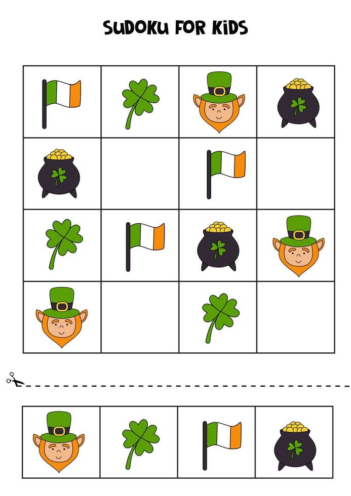 Sudoku game with cartoon Saint Patrick day symbols. vector