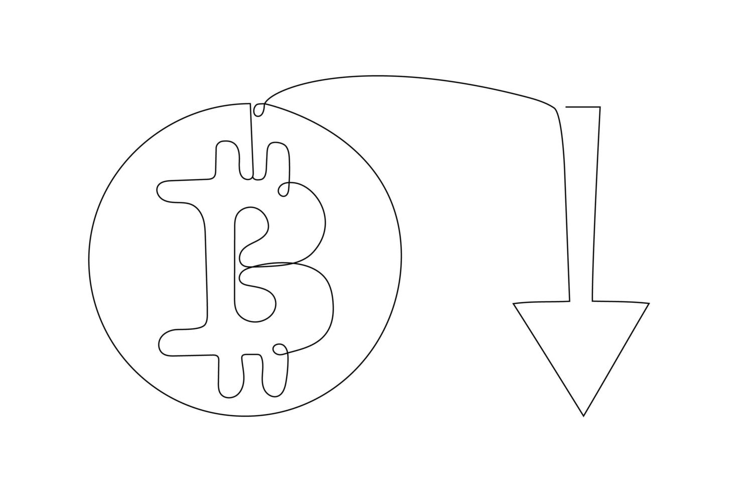 Continuous line drawing fall of bitcoin. Cryptocurrency index rating go down on exchange market. Vector illustration.