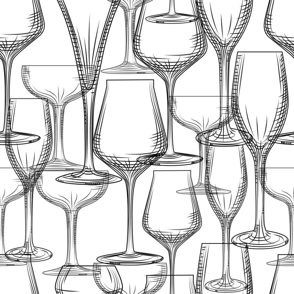 Hand drawn bar glassware seamless pattern. Empty champagne and wine glass backdrop. vector