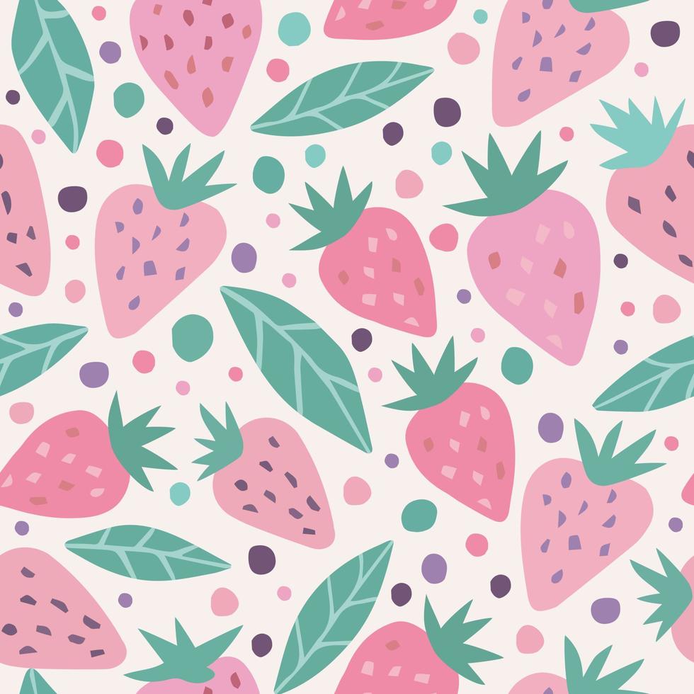 hand drawn strawberry with leaves and dot seamless pattern vector