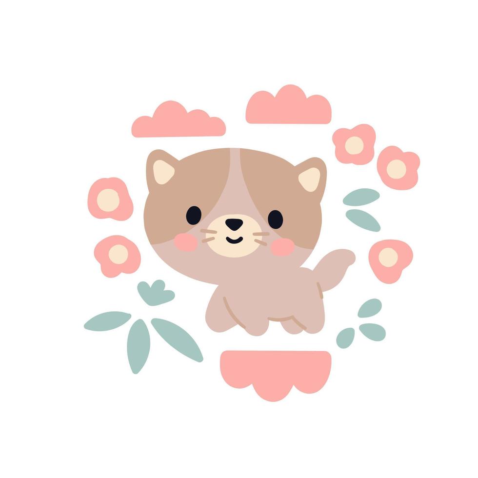 Cute children's card with a kitten in a flower frame. For baby shower vector