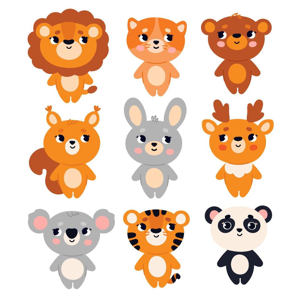 A set of cute animals in a simple modern style. Lion, tiger, deer, squirrel and others. Forest and jungle animals vector