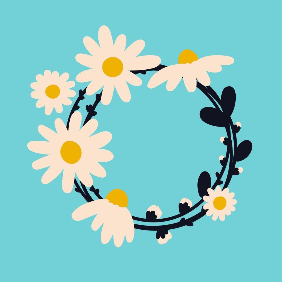 A wreath of daisies. Cute vector illustration with white camomiles on a blue background