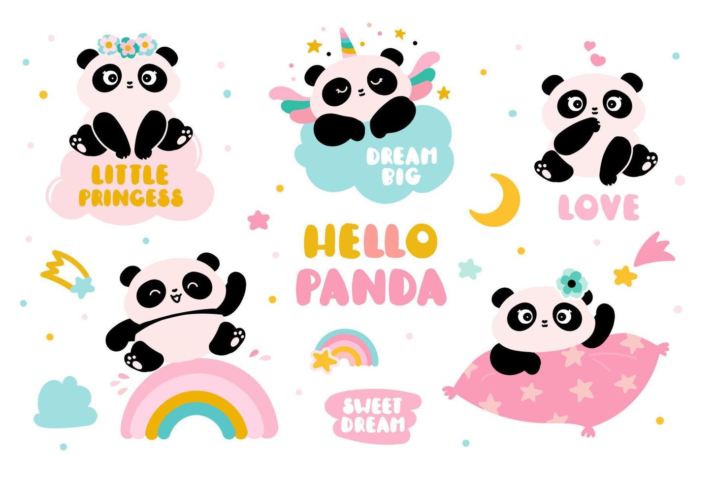 lindo conjunto de pandas. panda en un arco iris, en una nube y una almohada. colección de animales para dormir. vector