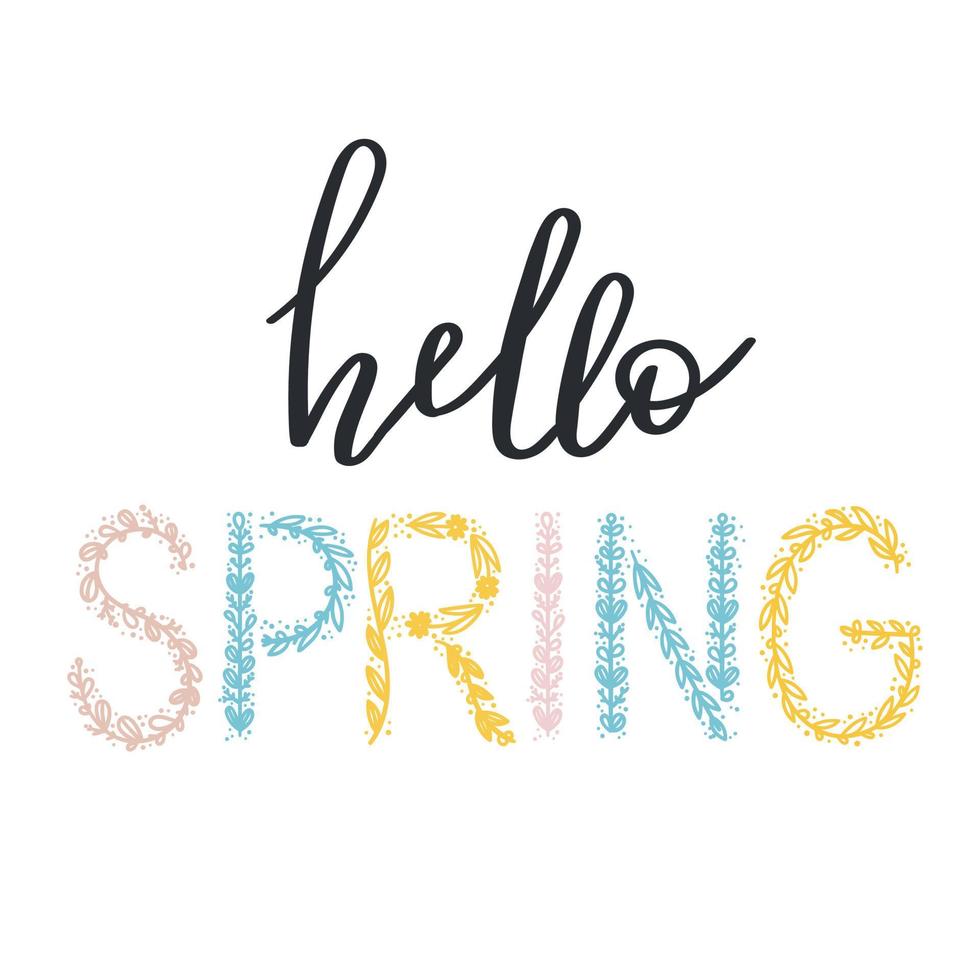 Hello spring text. Cute handwritten lettering of flowers vector