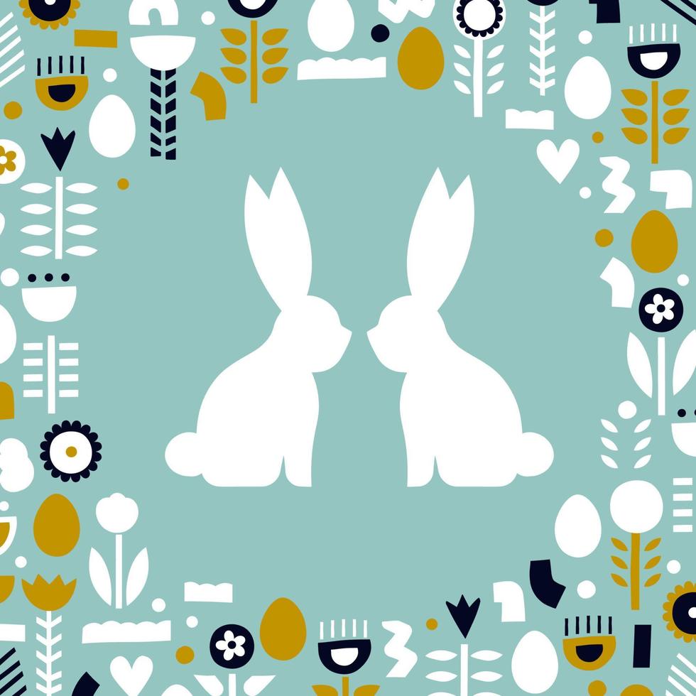Silhouette of rabbits in a round frame of flowers and eggs. Modern vector design