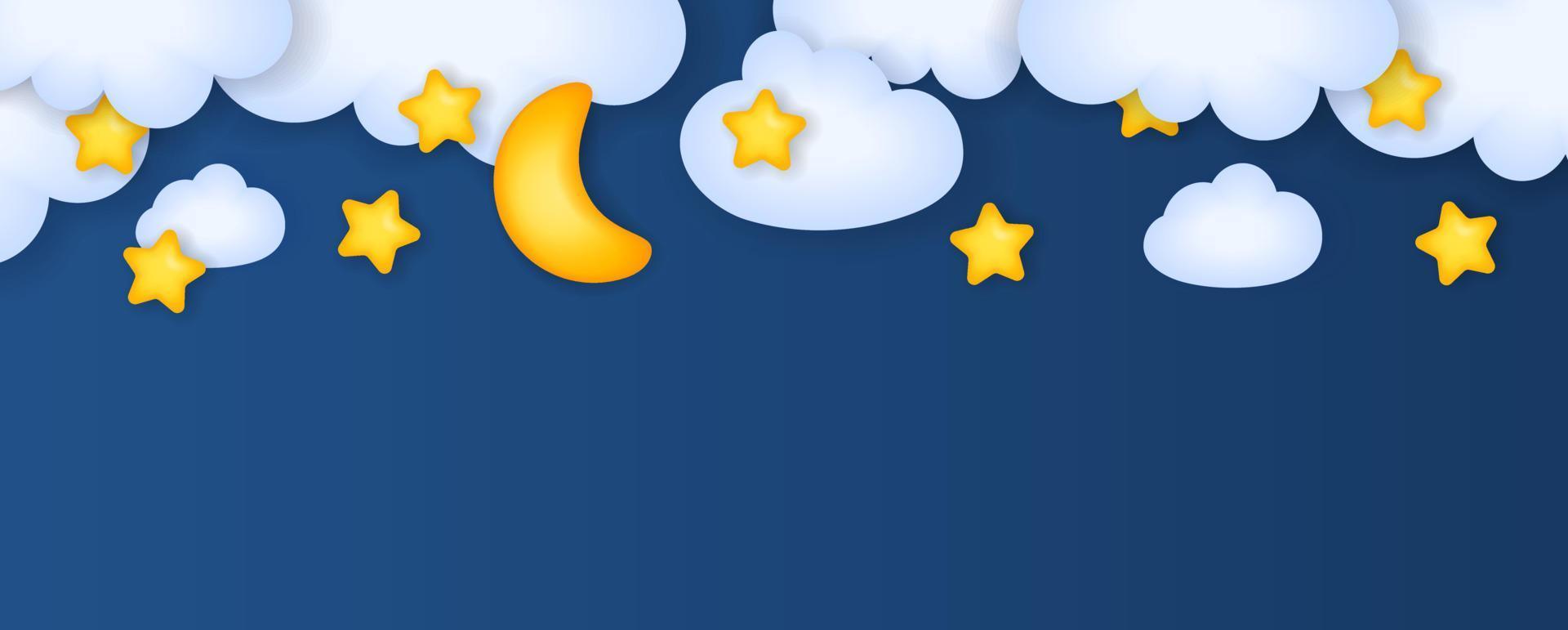 fondo horizontal con el cielo nocturno. luna con nubes y estrellas para diseño infantil vector