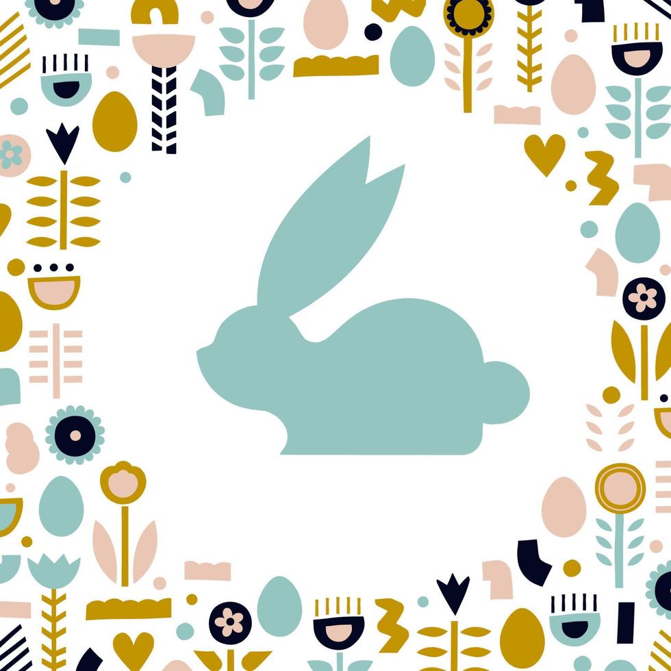 Silhouette of a rabbit in a round frame of flowers. Trendy design. Vector illustration for Easter