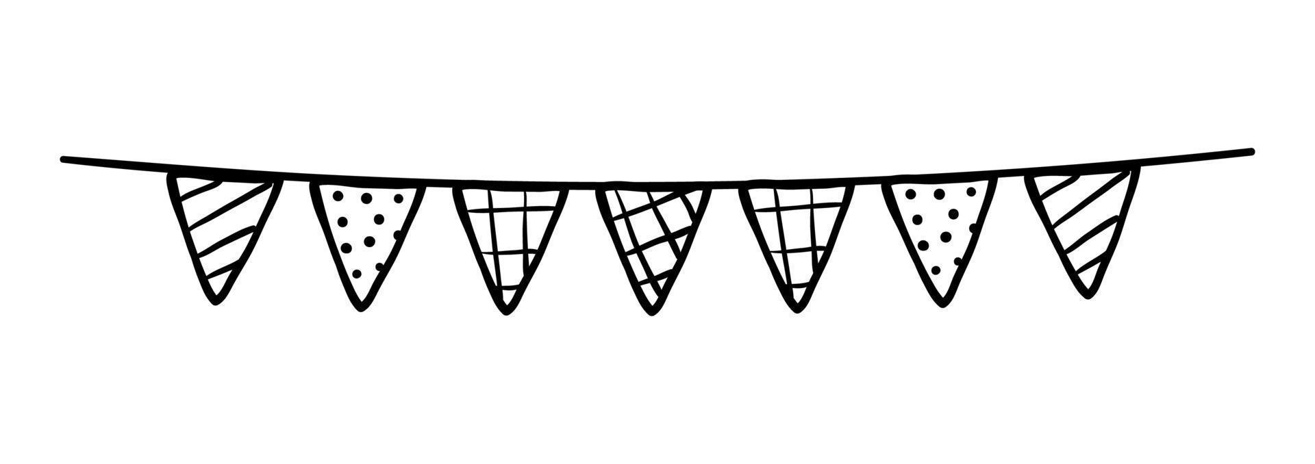 Doodle party bunting flags for decoration. Black line sketch garland vector