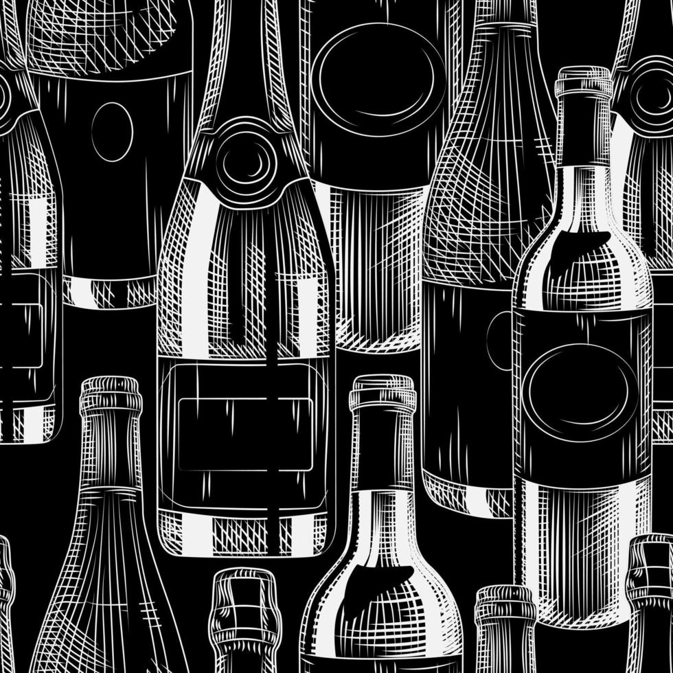 Botellas de vino dibujadas a mano de patrones sin fisuras sobre fondo negro. vector