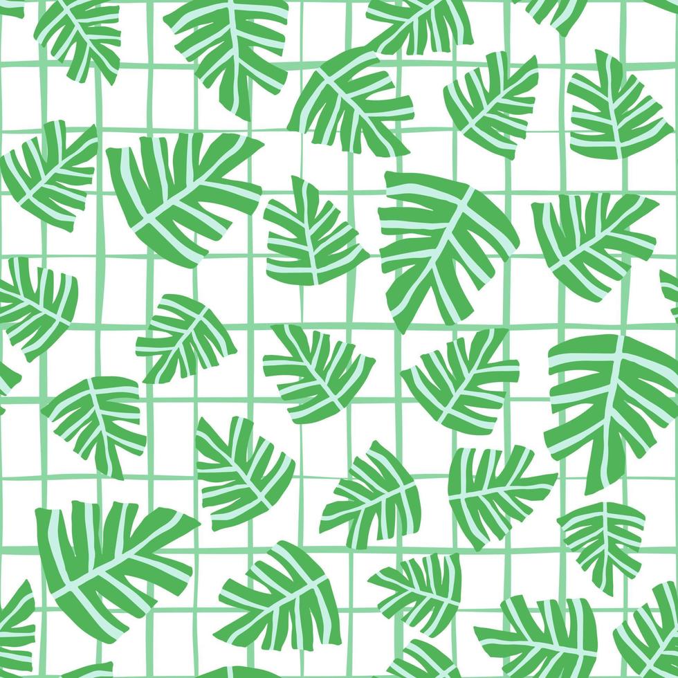 Hand drawn tropical monstera leaves seamless pattern on stripes background. vector
