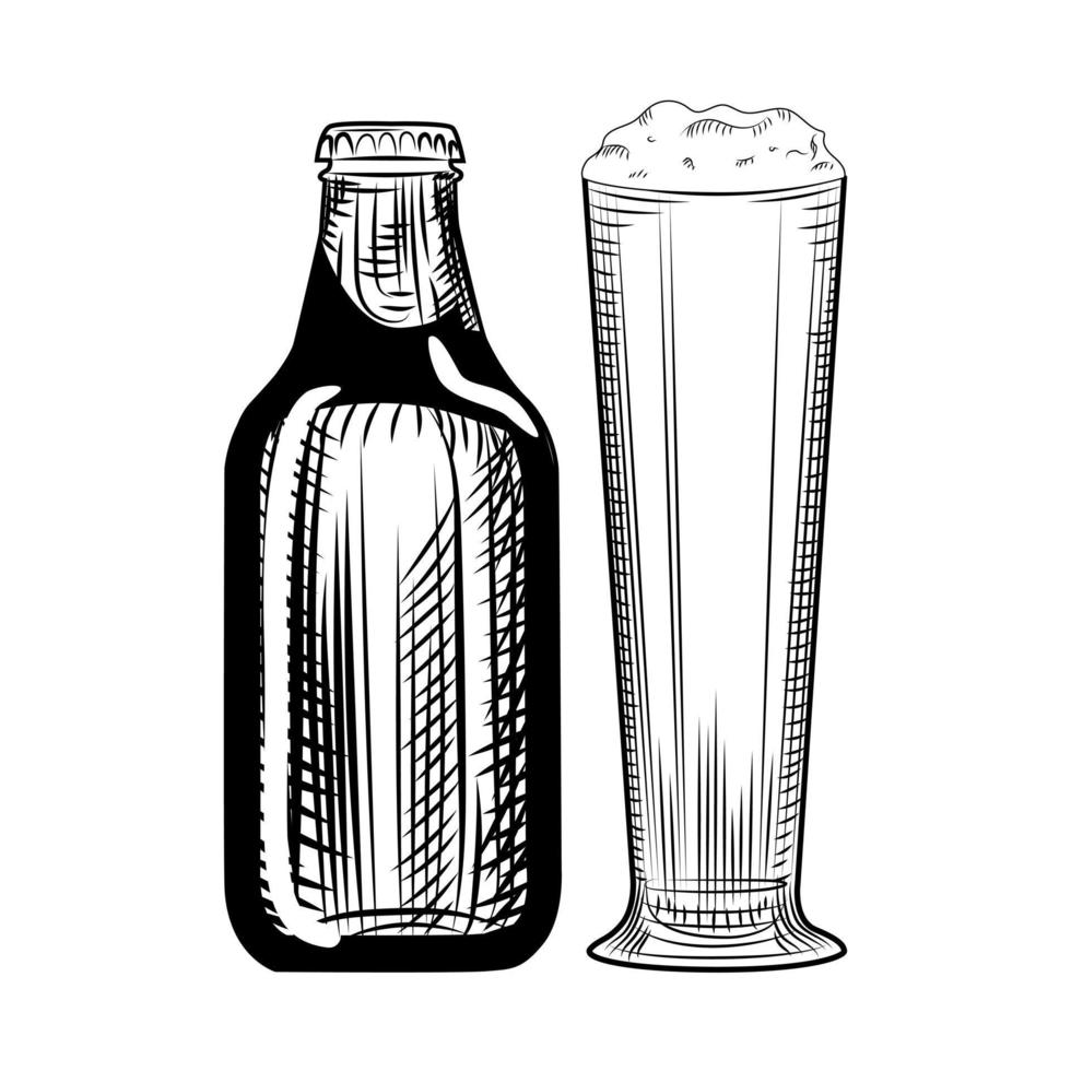 Beer bottle and glass. Engraving style illustration vector