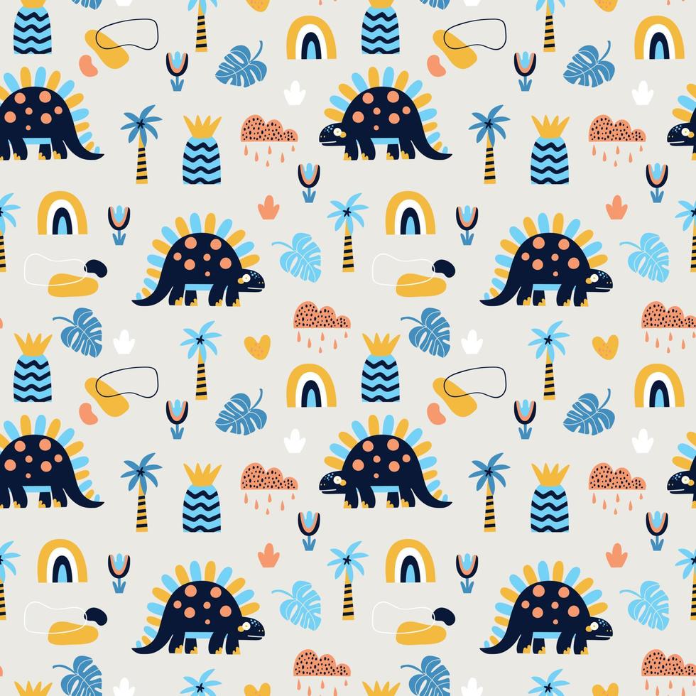 Seamless vector pattern with cute dinosaurs and design elements.