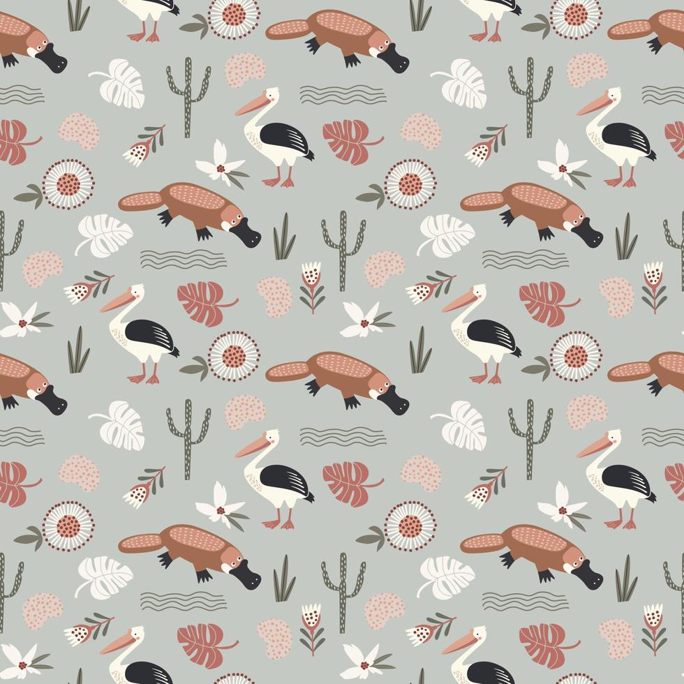 Seamless pattern with plants and Australian animals. animal background for kids design. vector