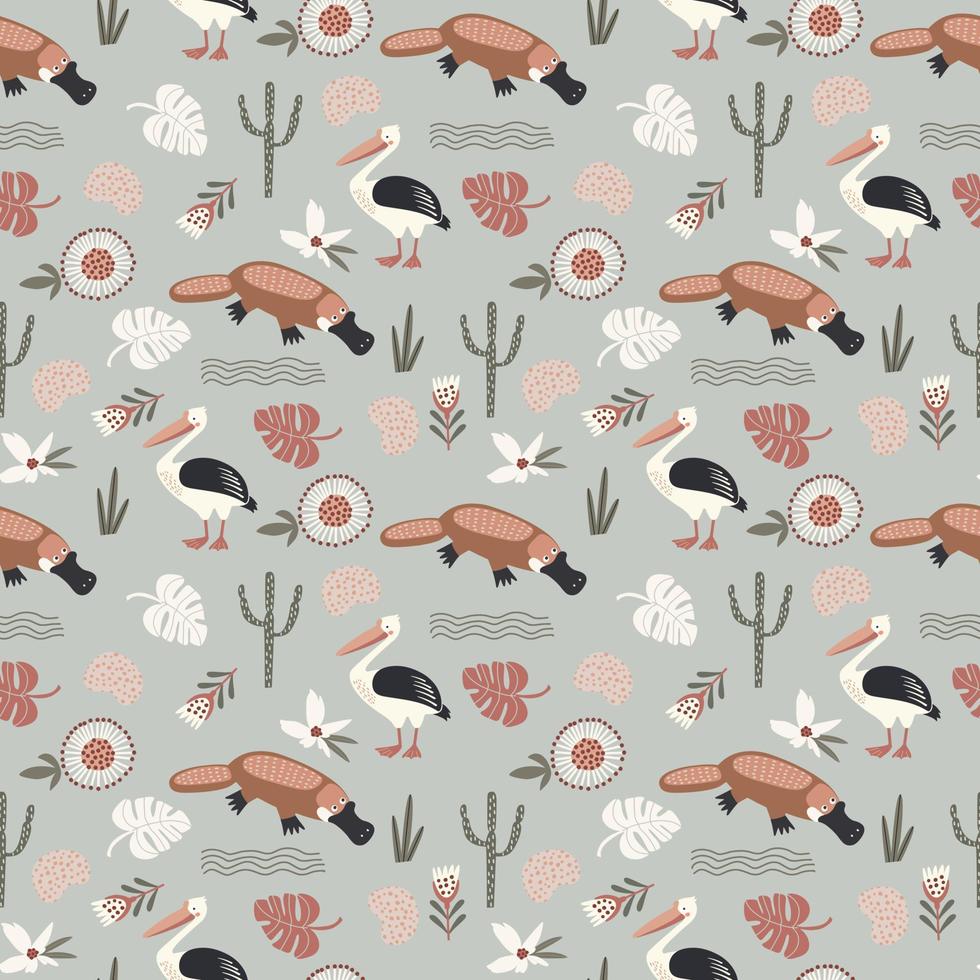 Seamless pattern with plants and Australian animals. animal background for kids design. vector