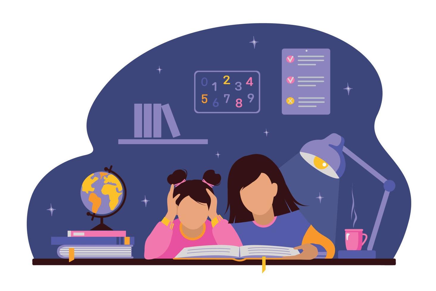 Mother or teacher helps girl to do homework. vector