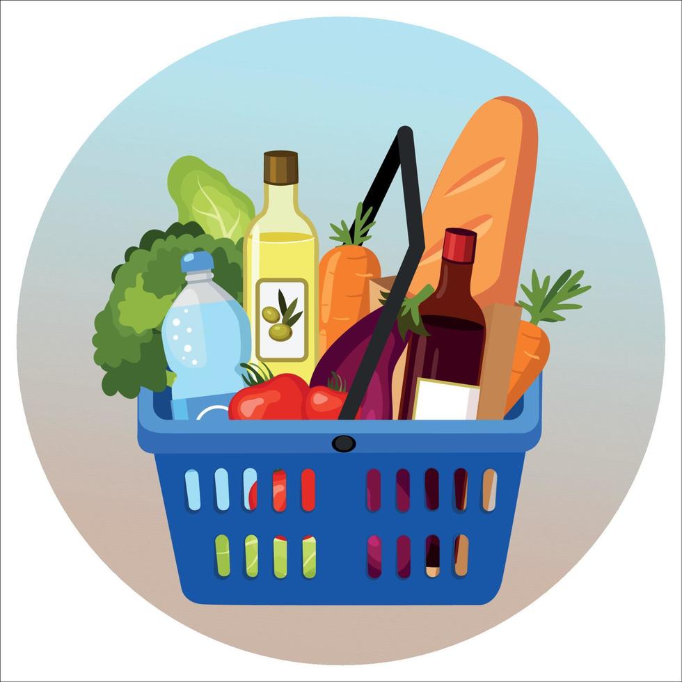 Food basket. Grocery purchase set. Supermarket. Shopping baskets with foods. vector