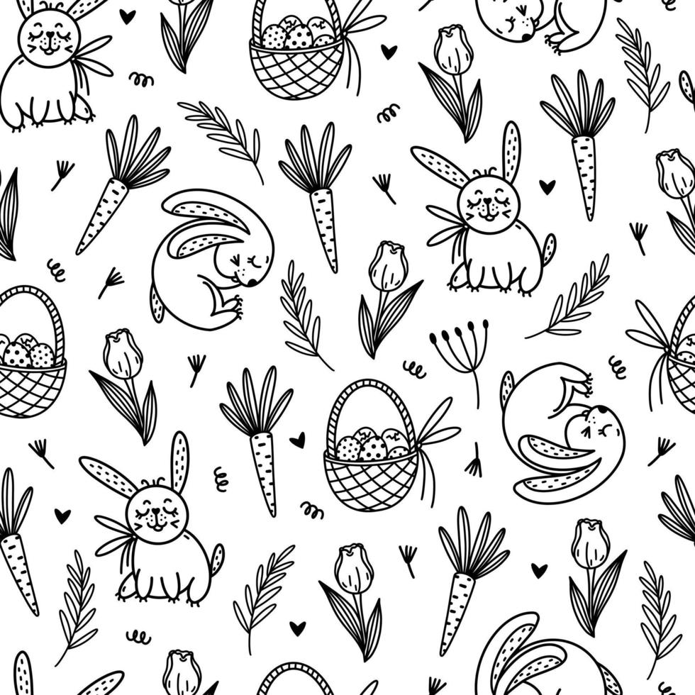 Seamless vector pattern with cute rabbits, carrots, flowers. Easter ornament on a white background. Sleeping bunnies, a basket of eggs, blooming tulips. Festive monochrome template, cartoon doodles