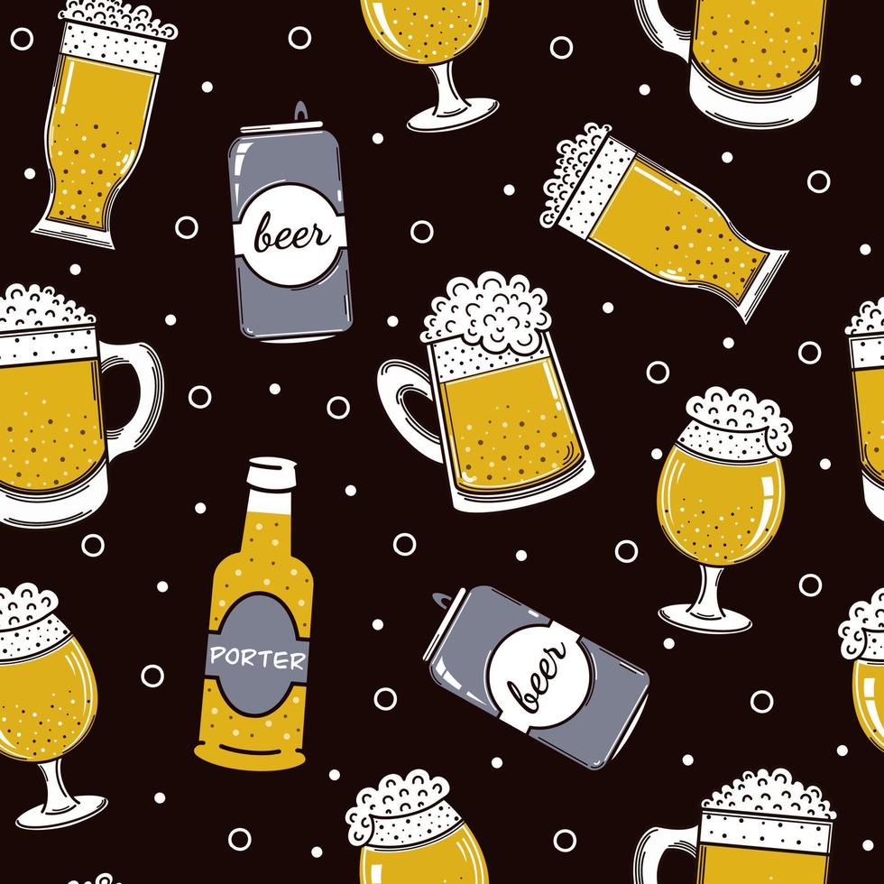 Beer packaging seamless vector pattern. Foamy drink in a bottle, can, glass, mug. Alcohol sketch. Cold ale on a black background. Flat style. Illustration for decoration and design of a pub or bar.