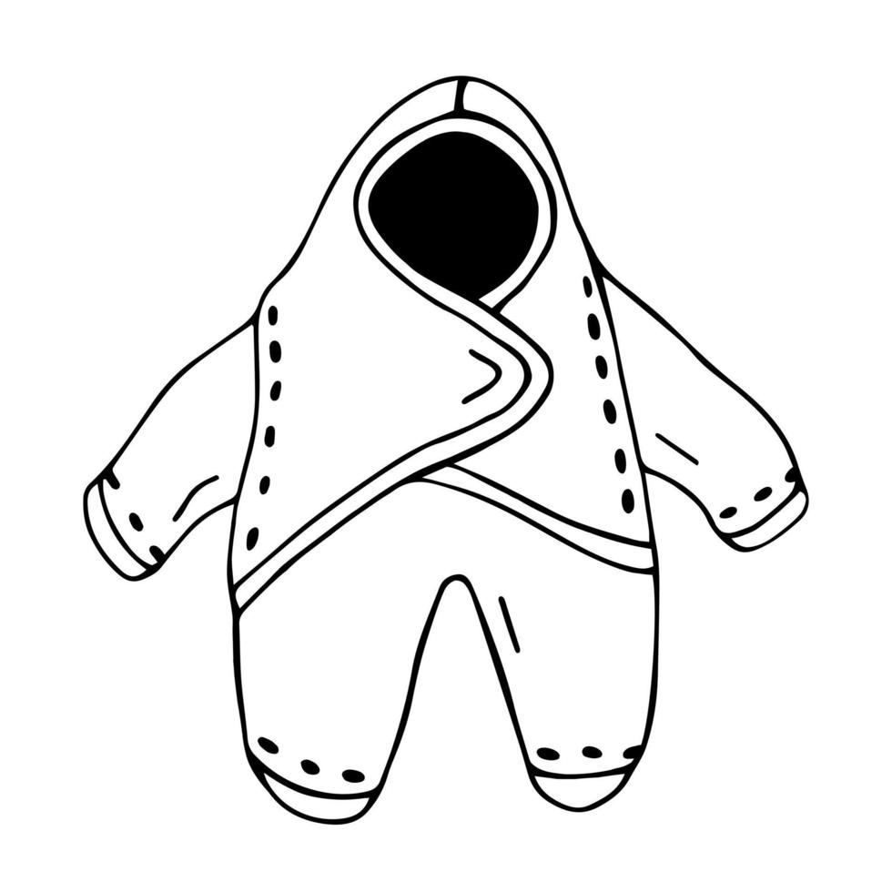 Cute baby jumpsuit. Hand-drawn children's overalls. Baby clothes silhouette. Black doodle smock. A sketch of a kids jacket with a hood. Isolated illustration on a white background. Monochrome. vector