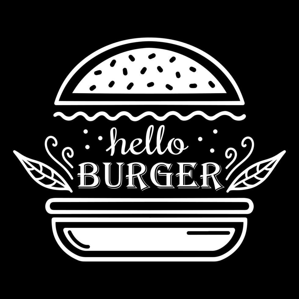 logo para un restaurante de comida rápida o cafetería. hamburguesa dibujada a mano con lechuga y semillas de sésamo. ilustración monocromática de texto blanco sobre negro. boceto de comida con texto hola hamburguesa. el texto puede ser reemplazado. vector