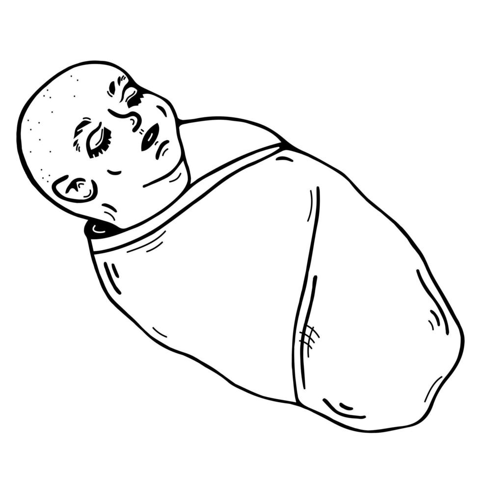 Cute cartoon baby vector icon. Hand-drawn child. Black doodle isolated on white background. A sleeping newborn is wrapped in diapers. Human sketch. Monochrome illustration.