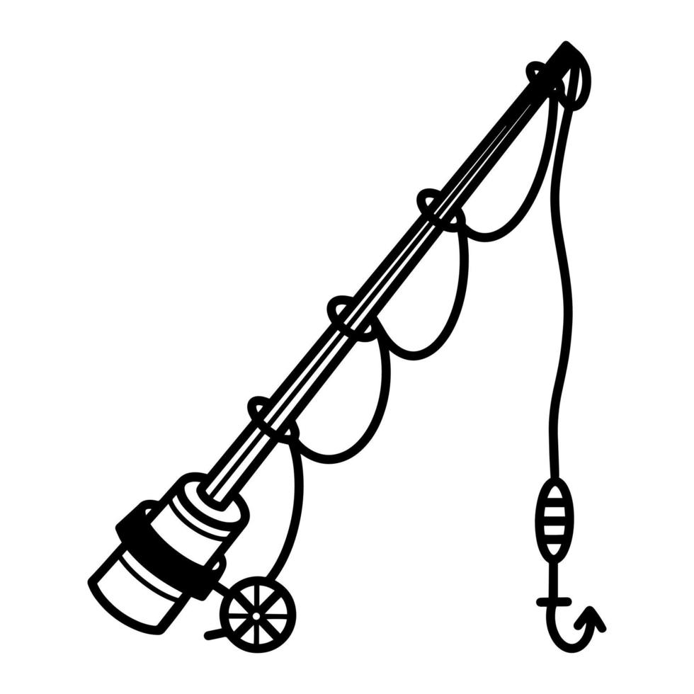 Hand-drawn fishing rod. Spinning rod with reel, line, float and fish hook. Sport fishing tool. Sketch of equipment for camping, outdoor recreation. Monochrome vector illustration in doodle style.