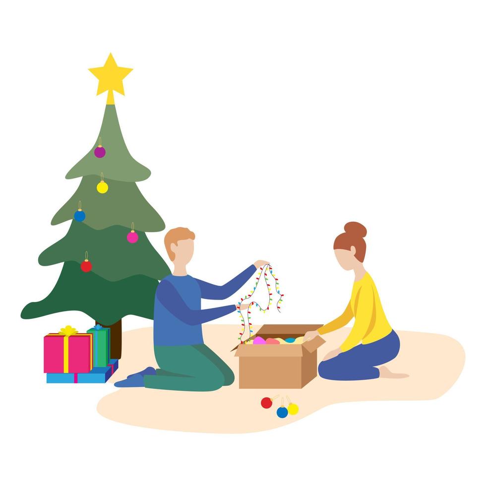 Happy family preparing to celebrate the new year. Couple dresses up Christmas tree. vector