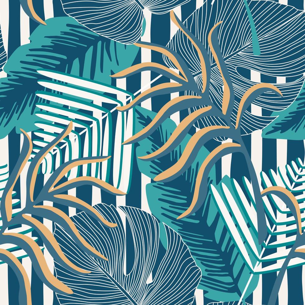 Tropical pattern, palm leaves seamless on stripes background. vector