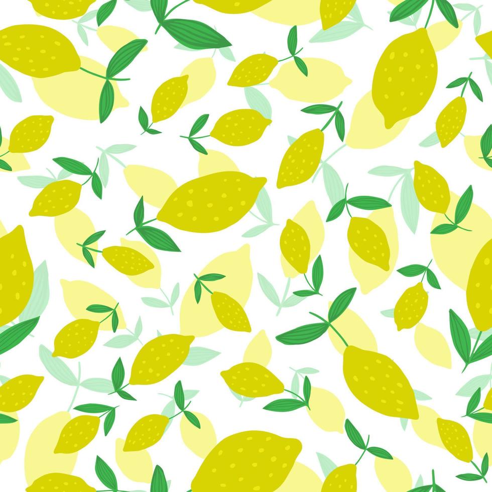 Hand drawn Lemon seamless pattern with leaves. vector