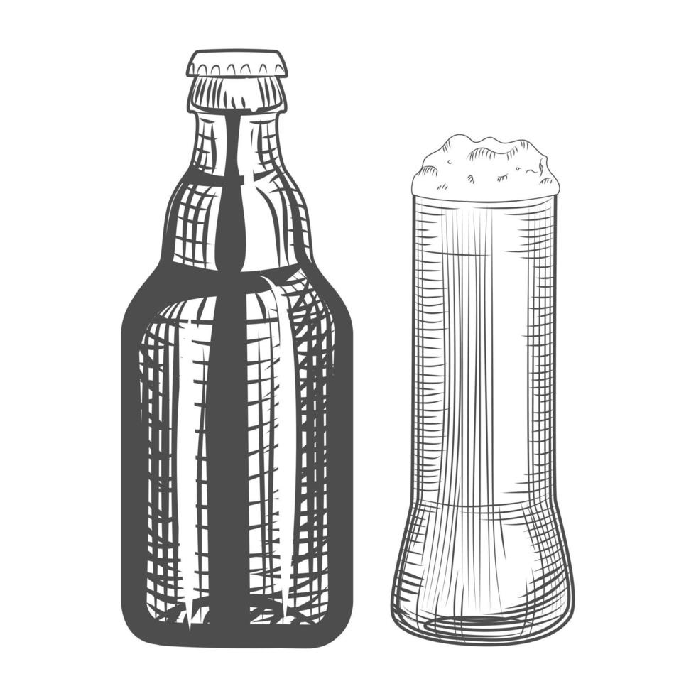 Hand drawn Beer bottle and glass. Engraving style. vector