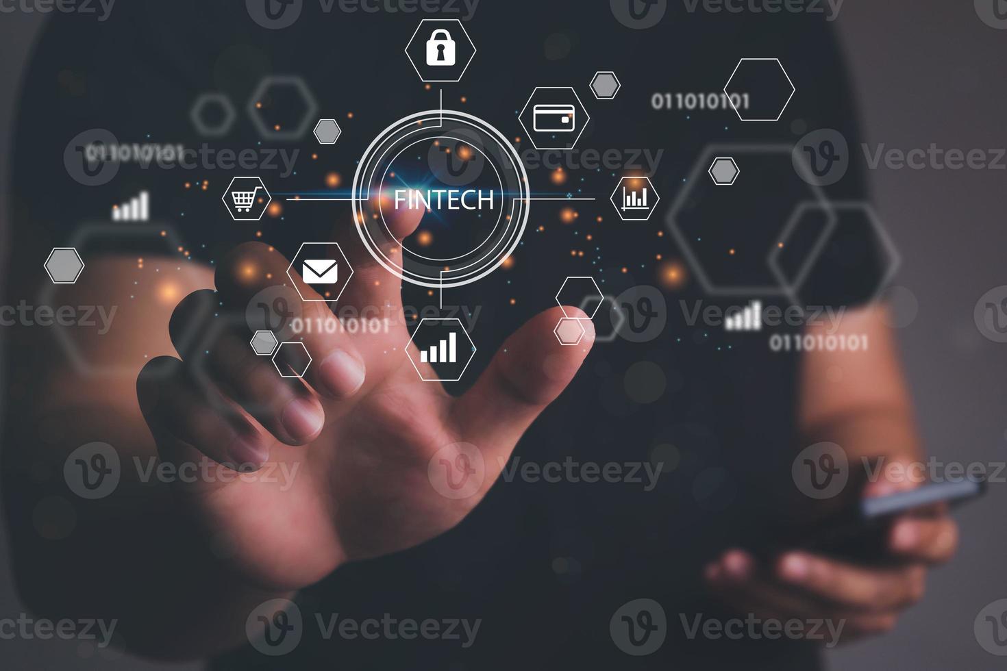 Man hand touching virtual screen to Fintech Financial technology Cryptocurrency investment and digital money. Business concept on virtual screen. photo