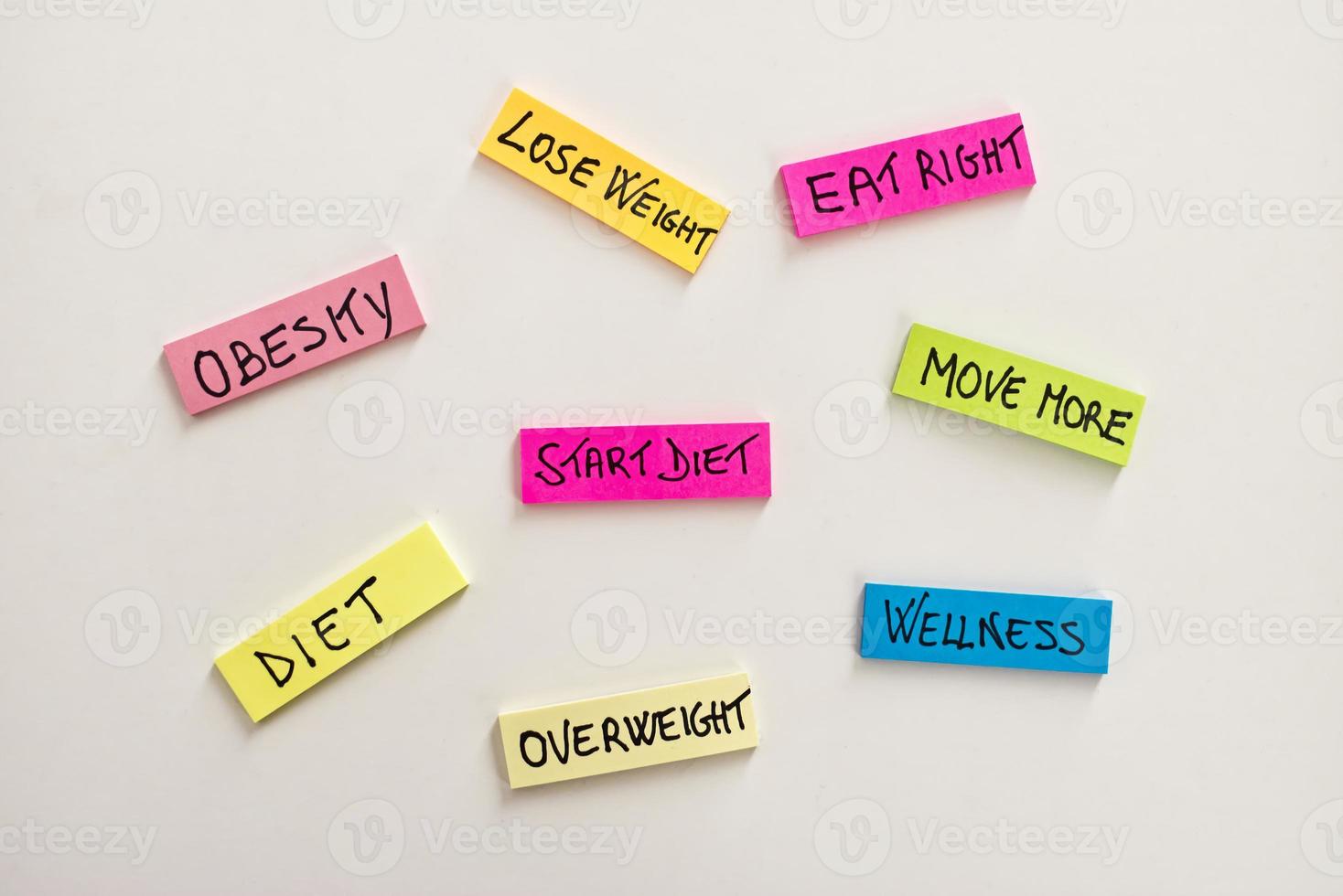 pegatinas de colores con texto de dieta y palabras clave. notas adhesivas publicadas en fondo blanco con concepto de dieta y pérdida de peso. foto