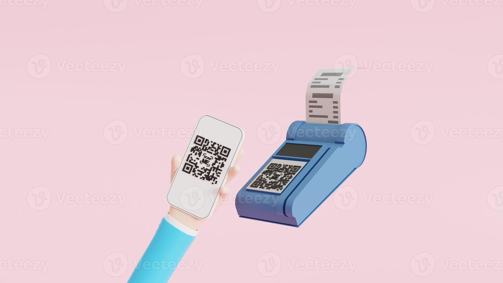 cartoon hand holding mobile smartphone with scan QR code. Scanning QR code and online payment, money transfer. Electronic, digital technology, barcode 3D illustration photo