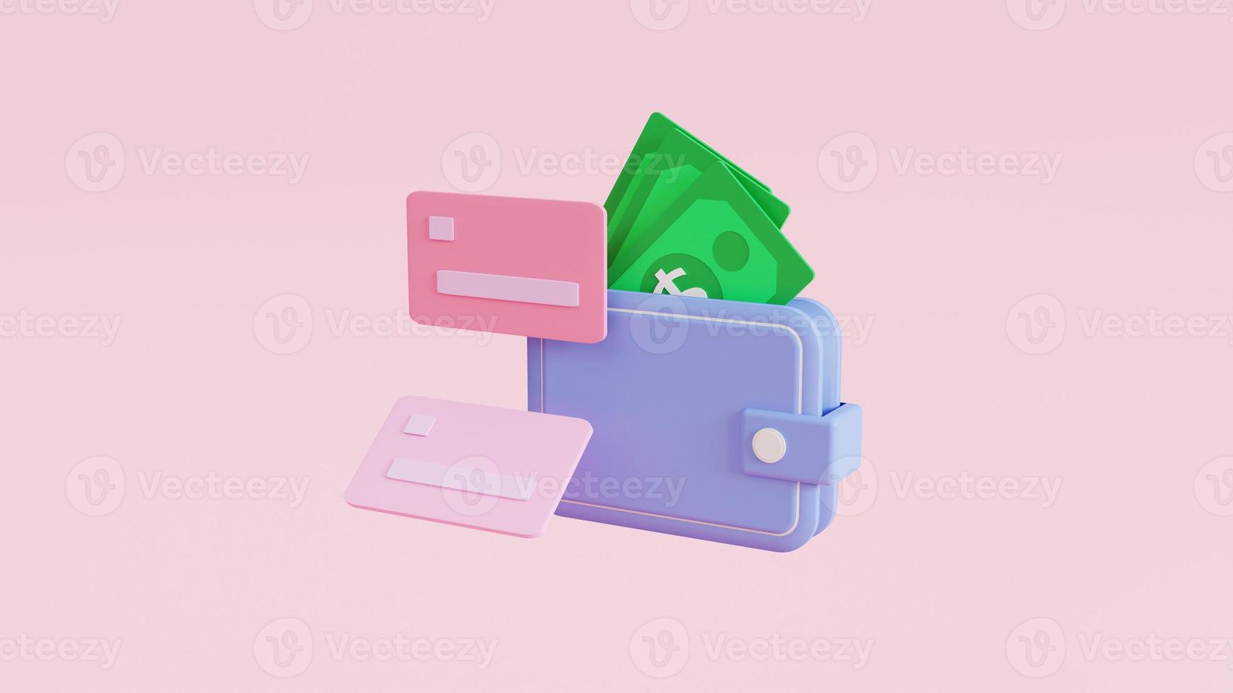 Money-Saving icon concept. Wallet Light blue and credit card  3D illustration photo