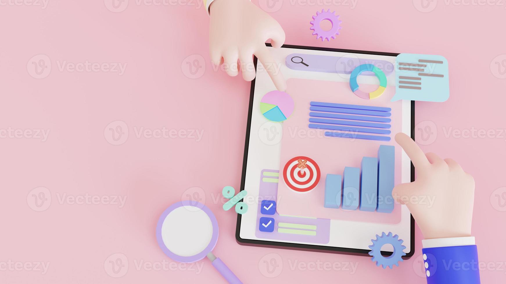 3D illustration, Online marketing, financial report chart, data analysis, concept Hand holding tablet with data chart. research, planning, and statistics. photo