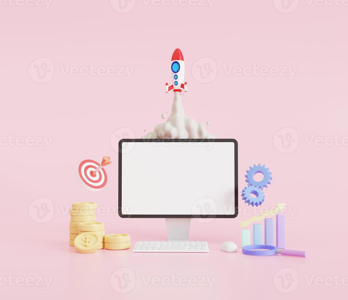 3D illustration. rocket launch smoke on a laptop, SEO optimization, and SME concept. Mockup laptop, loudspeaker, target, settings, rocket photo