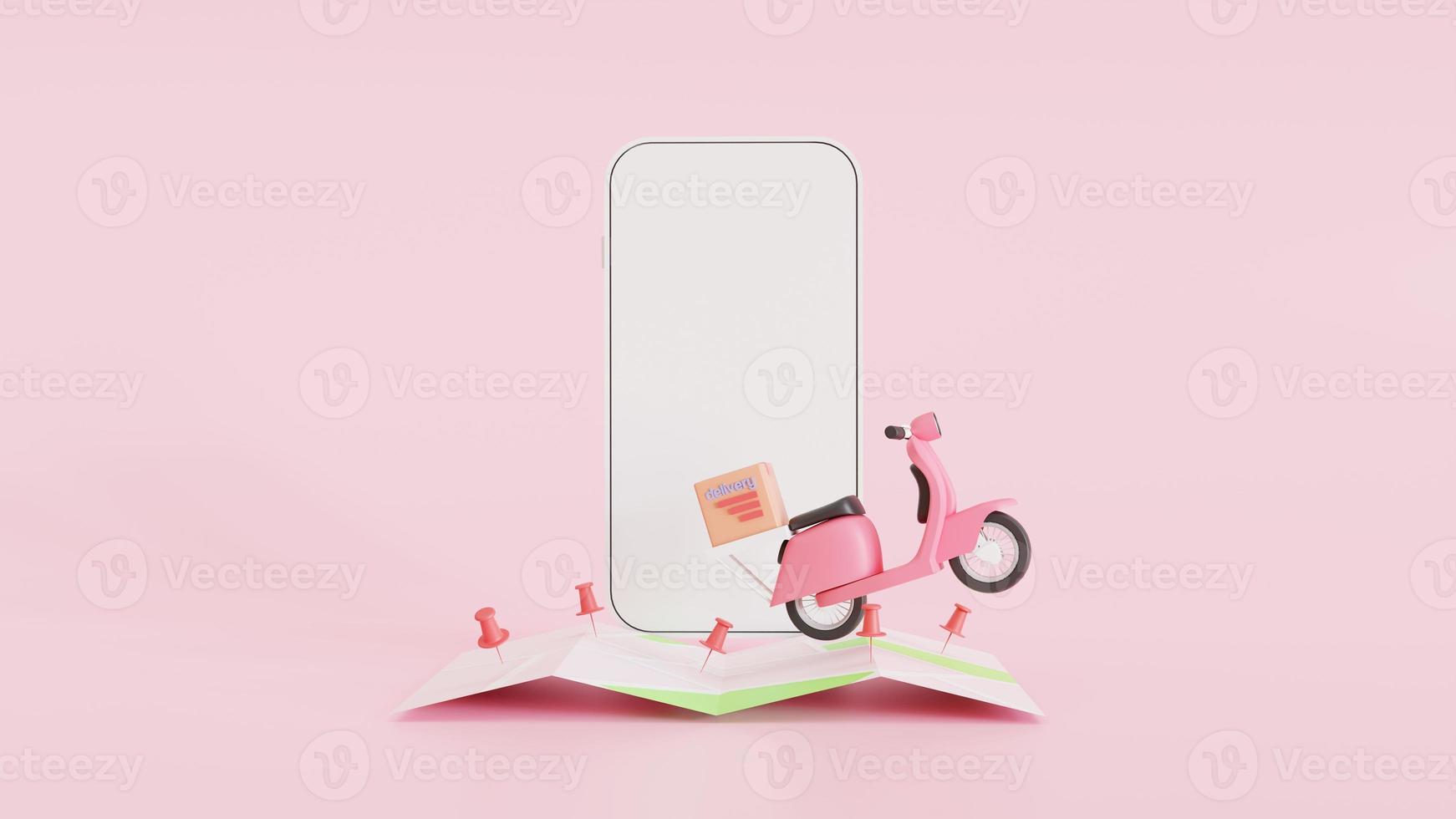 3D Map pins, GPS, navigator pin checking points, and smartphone Fast delivery package by scooter on a shop mobile phone. in E-commerce by the app. Tracking courier application. photo