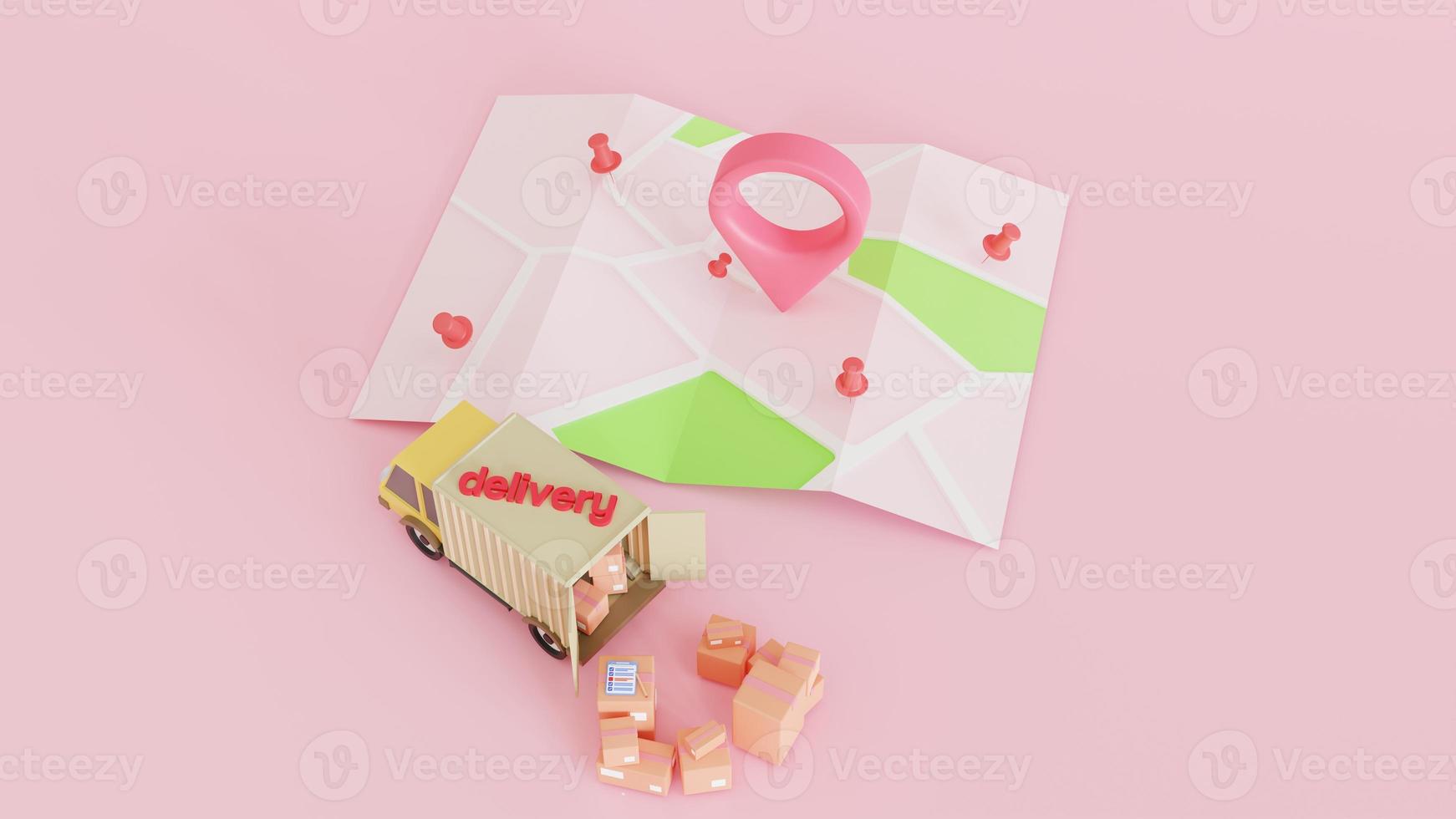 3D Map pins, GPS, navigator pin checking points Delivery truck van and Clipboard and boxes. Online delivery service concept. check delivery home and office. Fast service truck. 3d illustration photo