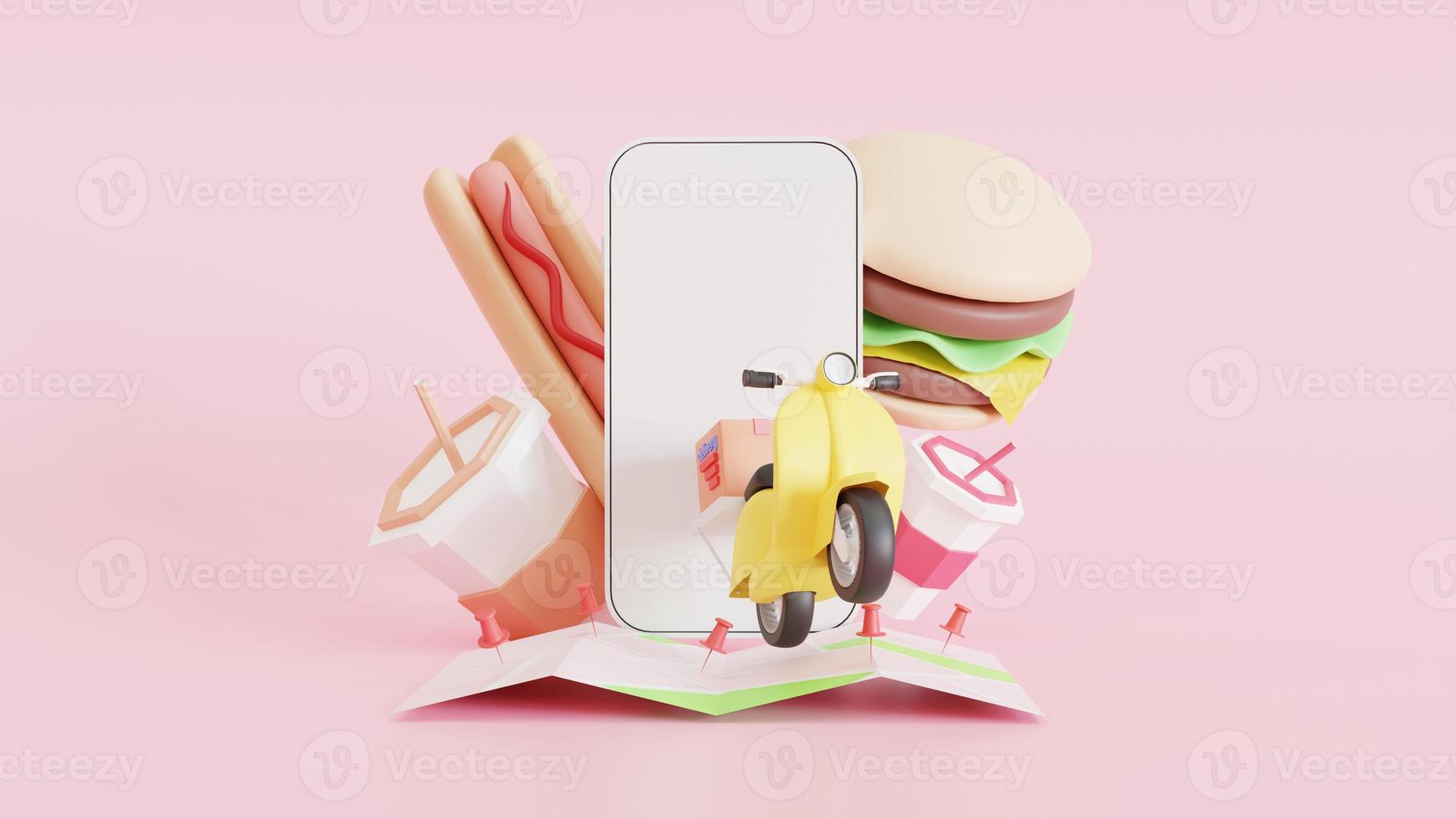 3D Map pins, GPS, navigator pin checking points, and smartphone and food Fast delivery package by scooter on a shop mobile phone. Tracking courier application. photo
