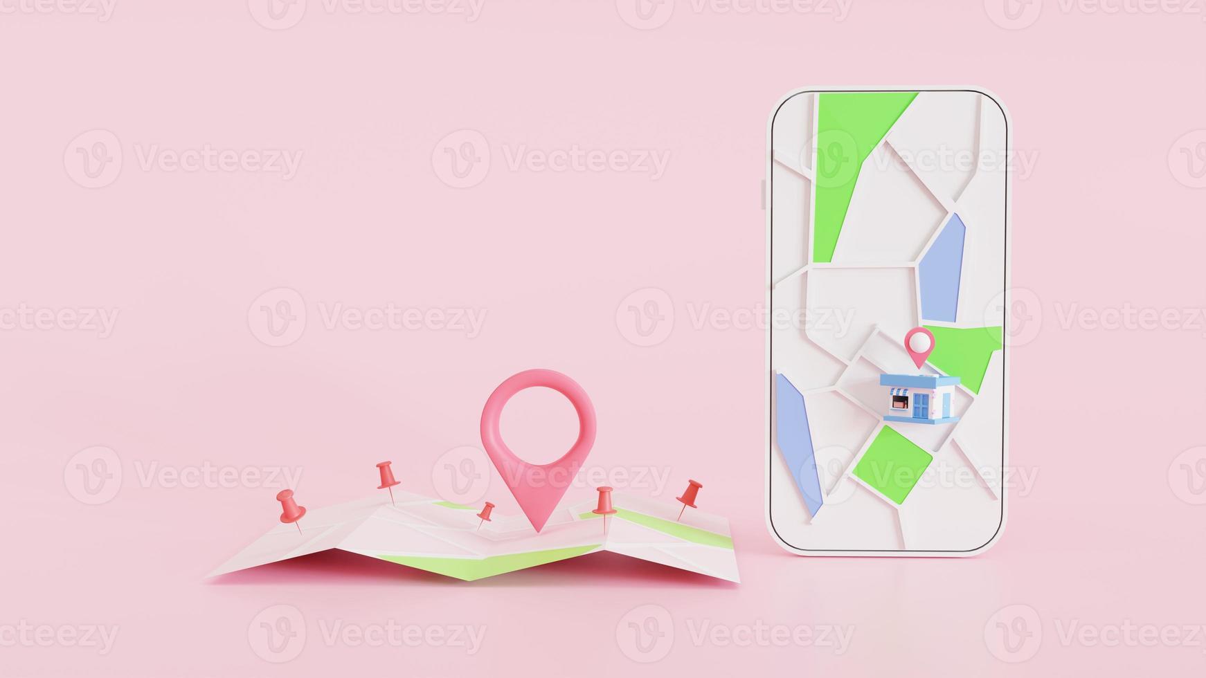 3D Map pins, GPS, navigator pin checking points, and smartphone. The concept Deployment for delivery service. 3D render photo