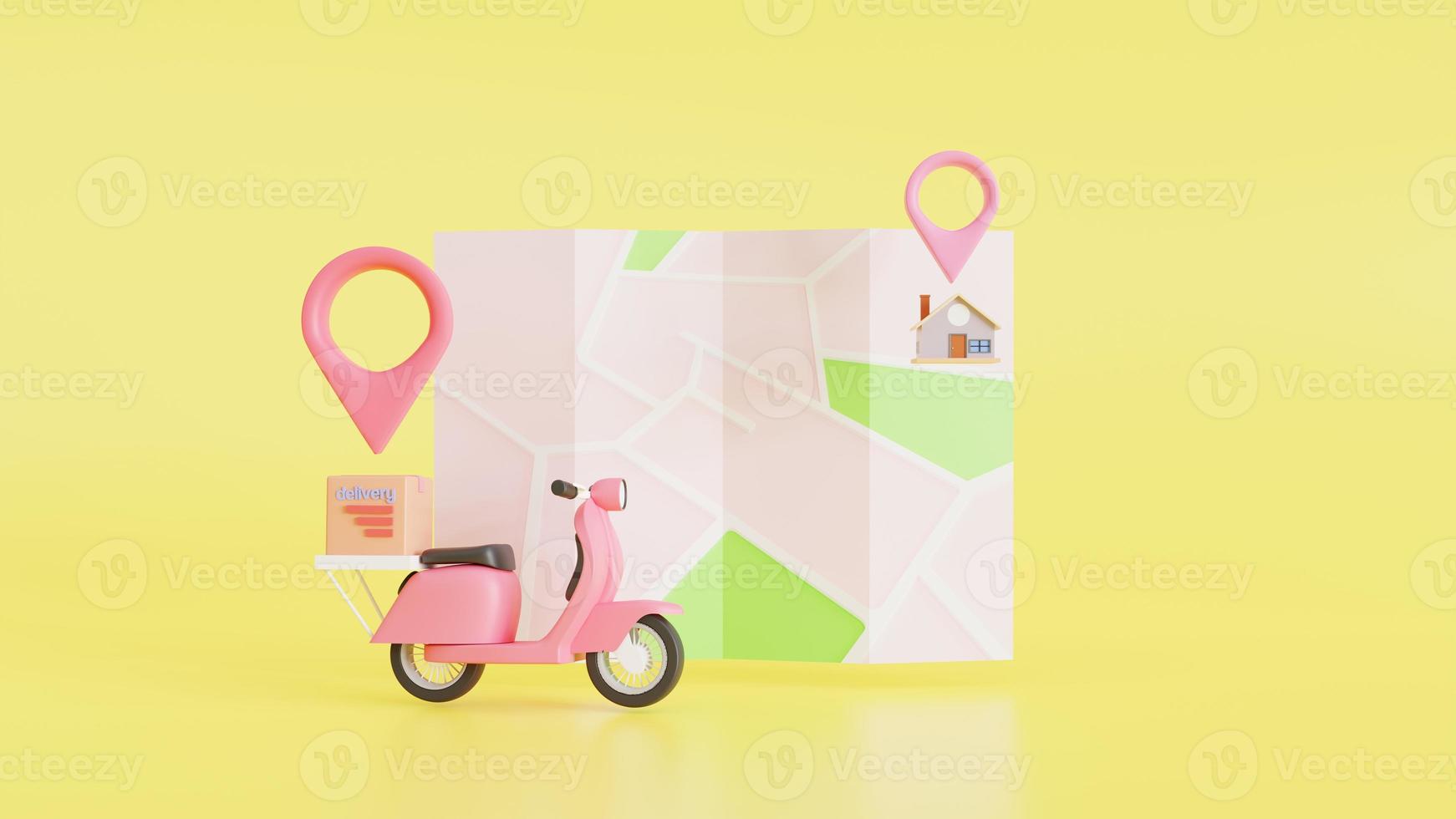 3D Map pins, GPS, navigator pin checking points, Fast delivery package by scooter on a shop. in E-commerce by the app. Tracking courier application. photo