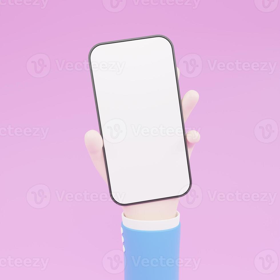 Cartoon hand, holding smartphone, Hand using mobile phone mockup. 3D illustration photo