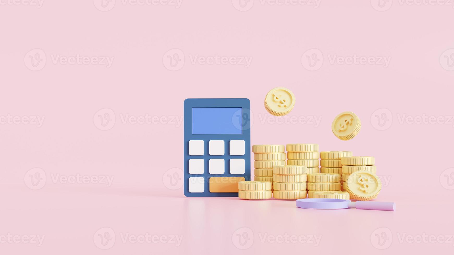 3D cartoon style design. coins, calculator, and icon. business Investments, money savings, budget management, and financial profit concept. 3d render illustration photo