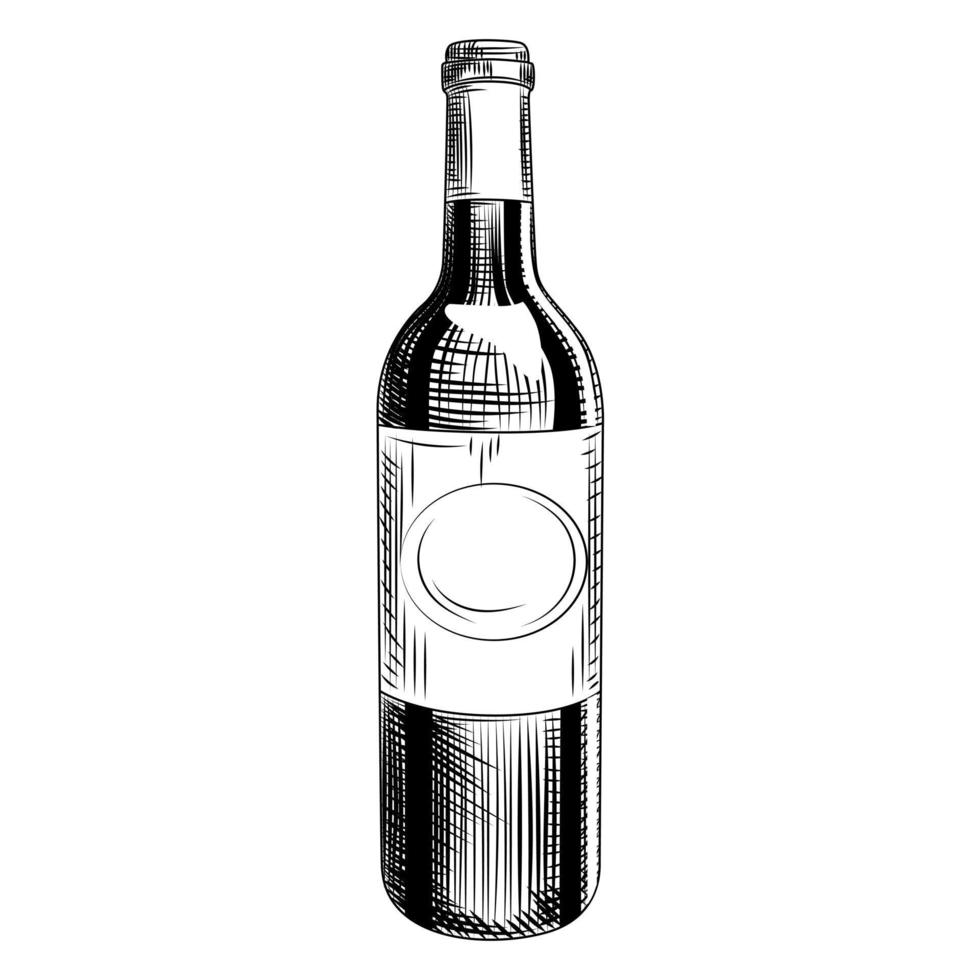 Hand drawn wine bottle. Engraving style. Isolated objects vector