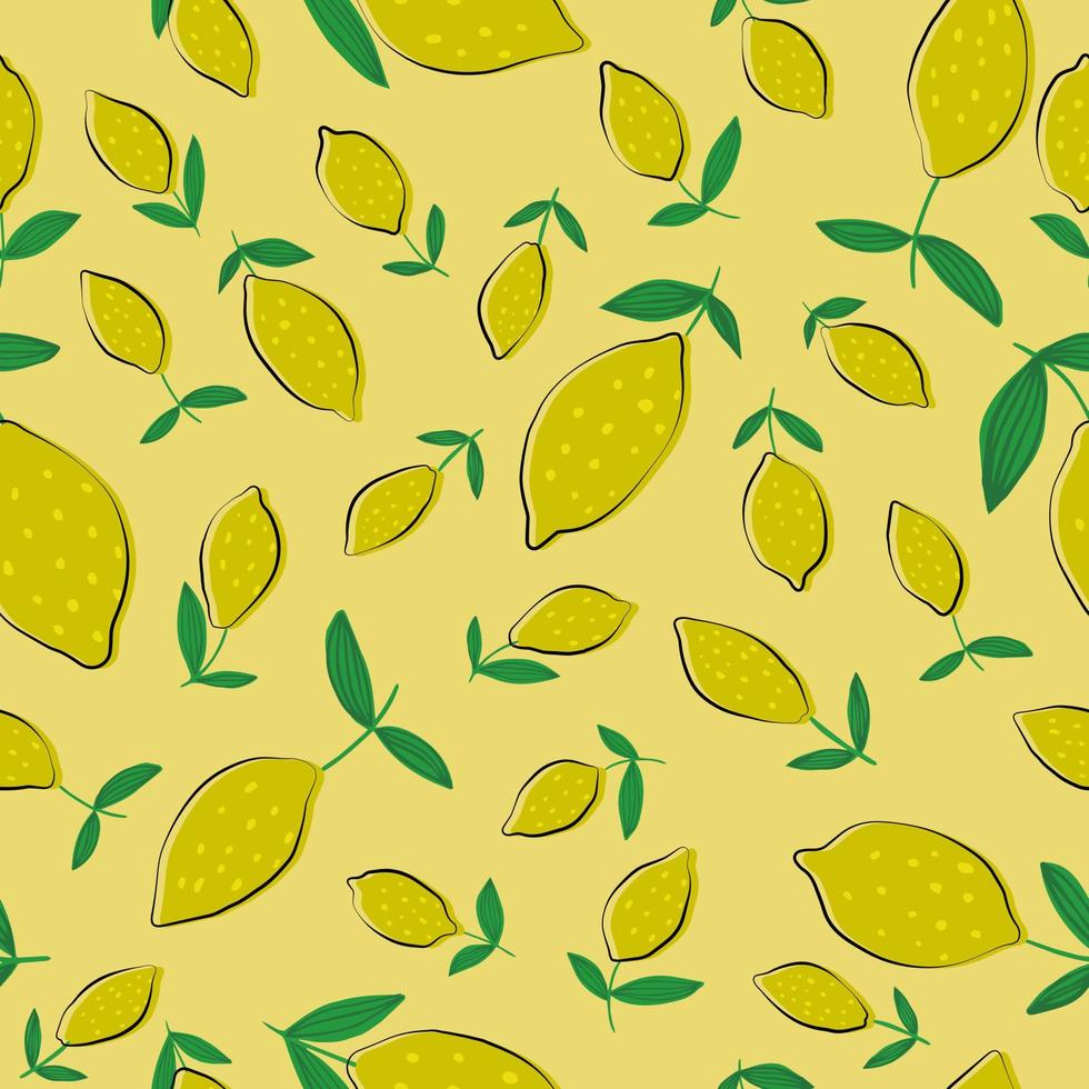 Hand drawn Lemon seamless pattern with leaves. vector