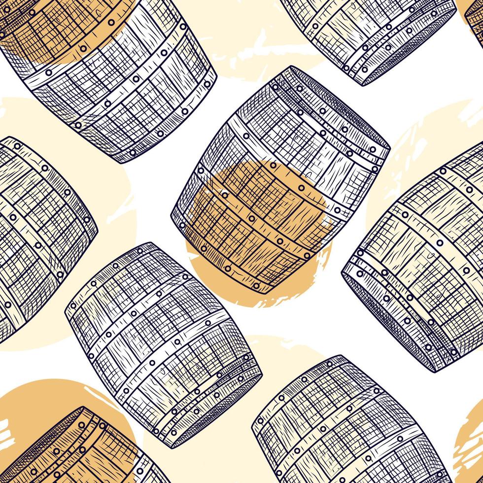 Wood barrel seamless pattern. Engraving style. Alcohol Wrapping paper. vector