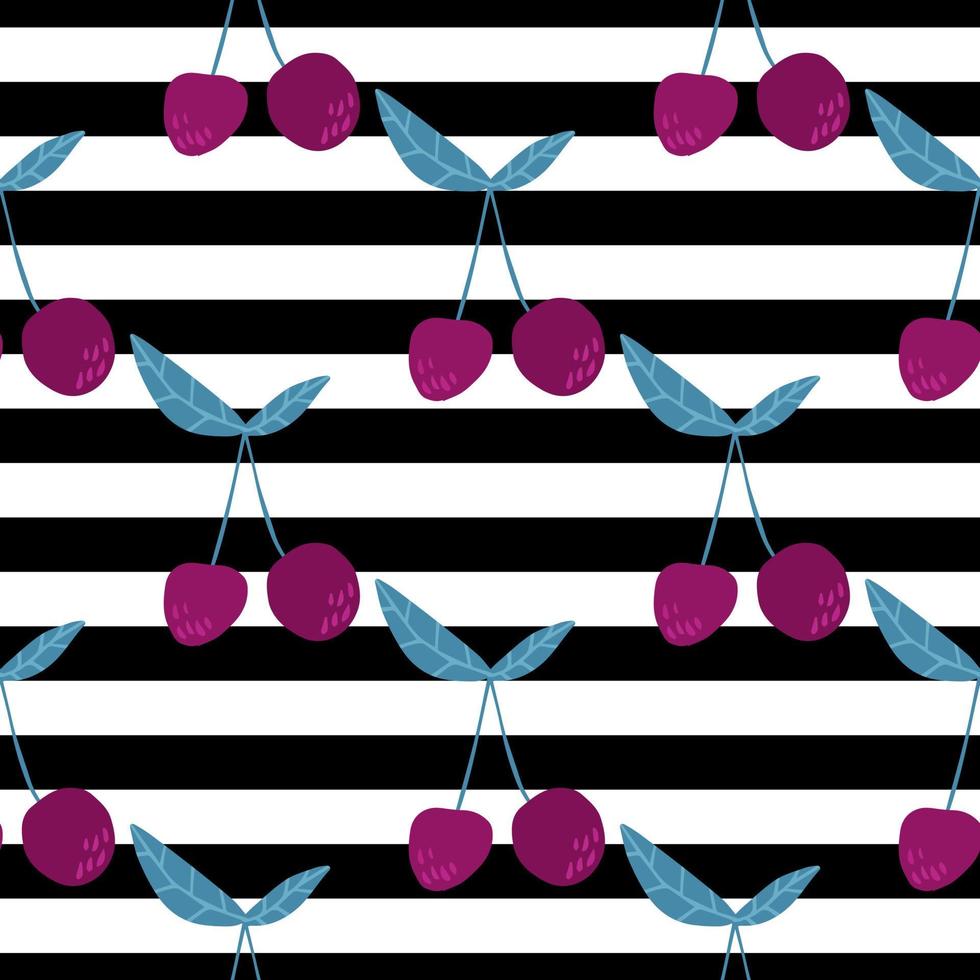 Cherry berries and leaves seamless pattern on stripe background. vector